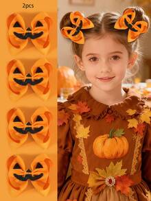 2 piezas Clips para el cabello con moños de tela naranja de Halloween, Moños de calabaza, Pasadores de cabello novedosos para niñas y adolescentes, Regalos de carnaval