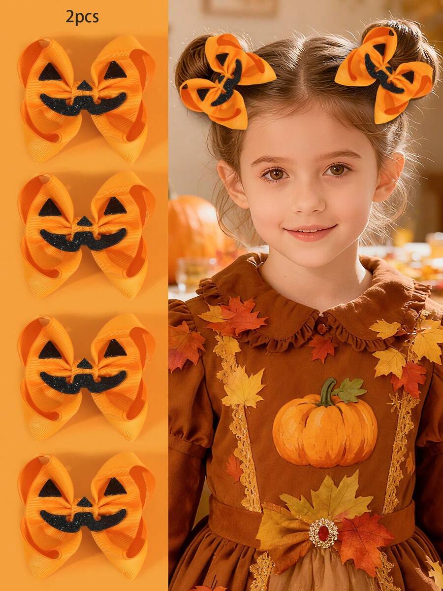 2 piezas Clips para el cabello con moños de tela naranja de Halloween, Moños de calabaza, Pasadores de cabello novedosos para niñas y adolescentes, Regalos de carnaval