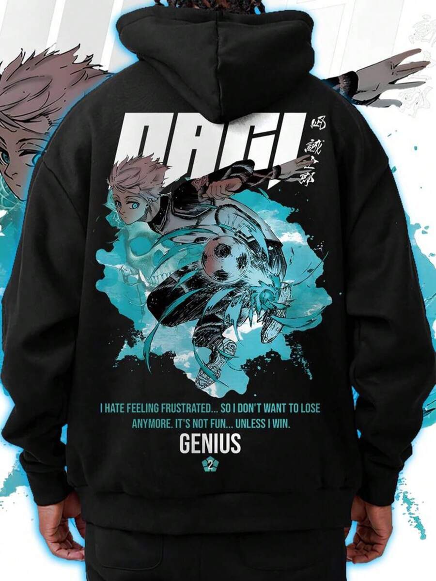Men's Nagi Soccer Genius Hoodie - Casual Comfortable Polyester Pullover With Vibrant Print, Long Sleeves For Autumn And Winter Wear,Fall Hoodies,Men's Fall Clothes,Street Wear,Halloween,Mens Hoodies,Y2k Clothes,Jesus Hoodie,Thanksgiving Day,Nightmare Before Christmas,Christmas - 黑色 - 查看 1
