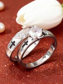 2 piezas Anillos de pareja de moda, Anillos de boda y compromiso para hombre y mujer, Regalo de joyería para aniversario, para uso diario (sin caja) - Blanco - Ver 2