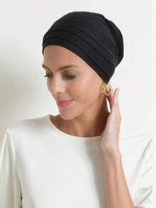 1pc Women's Classic 2-In-1 Turban Headscarf, Pleated Design, High-Stretch Jersey Fabric, Moisture-Wicking, Suitable For Muslim Daily Life And Outings For Dress - Black - View 4