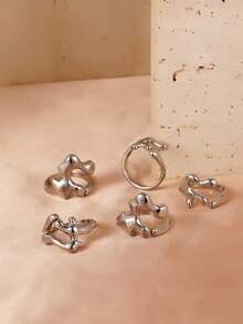 5 件套创意水滴设计可叠戴几何戒指，女士日常、约会、派对配饰，节日礼物 - 銀色 - 查看 2