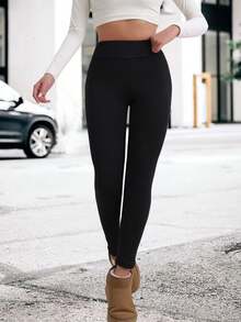 Damen Thermohosen in Unifarbe, Woll Futter Lässig Leggings, Thermisch gefütterte warme Skinny Hosen, geeignet für kaltes Wetter, können als Außenhose getragen werden, Herbst/Winter - Schwarz - Übersicht 2