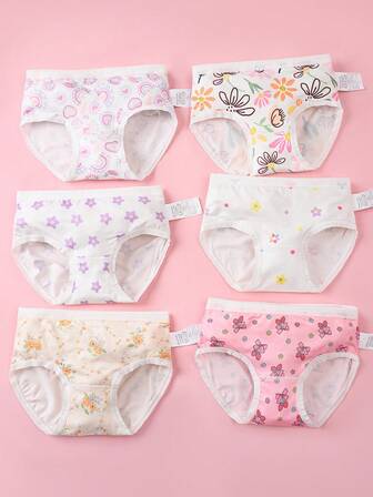 6pcs/Pack Girls' New Cute Floral & Bow Print Soft Comfortable Cotton Panties