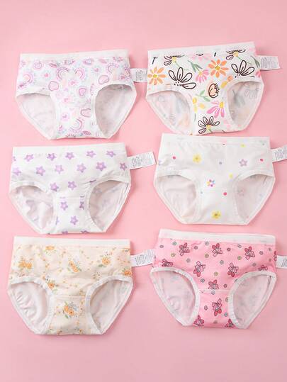 6pcs/Pack Girls' New Cute Floral & Bow Print Soft Comfortable Panties