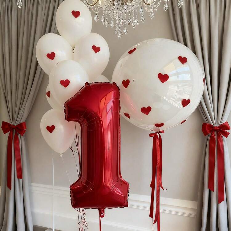 53/16件套数字气球拱门套装，包含红色和象牙色数字气球、泡泡气球、心形贴纸、白色、珍珠白和香槟金乳胶气球，适用于婚礼、生日、新娘送礼会、派对、周年纪念日、可重复使用的气球花环、个性化气球、节日装饰、优雅派对装饰、圣诞派对装饰 - 彩色 - 查看 5
