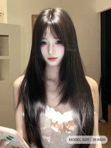 SHUDUO 1 件合成耐热直发假发，黑棕色，中分，纤维制成，适合日常使用，自然逼真（不含配件） - Dark Brown - 查看 2