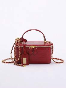 1 件优质红色鳄鱼压纹拉链小方包，时尚 PU 绗缝钻石缝线盒子包，百搭拉链小方包，女士手提包配链条肩带 - 紅色 - 查看 4