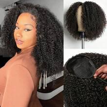 CEXXY Half Wig, 3-In-1 Curly Wigs For Women, 200% Density Glueless Curly Human Hair Wigs For Travel, Seamless Flip Headband Wig With Drawstring, Beginner-Friendly, Headband Wig With Curly Human Hair For Women, Glueless Wigs For Travel, Lace Front Wig, Wig Without Glue, Beginner-Friendly, Natural Color, Headband Wig For Daily Use - Natural Black - 查看 1