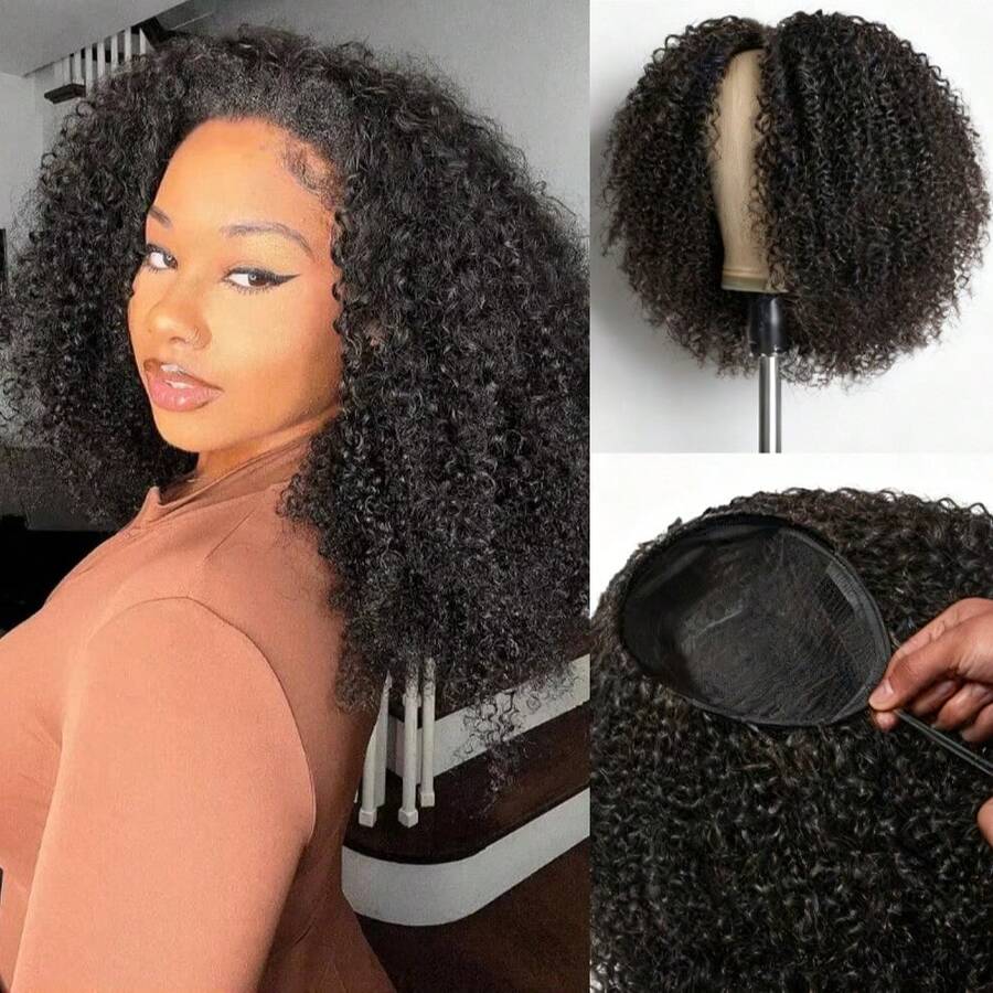 CEXXY Half Wig, 3-In-1 Curly Wigs For Women, 200% Density Glueless Curly Human Hair Wigs For Travel, Seamless Flip Headband Wig With Drawstring, Beginner-Friendly, Headband Wig With Curly Human Hair For Women, Glueless Wigs For Travel, Lace Front Wig, Wig Without Glue, Beginner-Friendly, Natural Color, Headband Wig For Daily Use - Natural Black - 查看 1