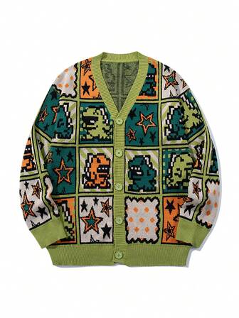 Cárdigan de punto con botones, cuello en V, estampado de dinosaurio y estrella, unicolor, holgado y casual para hombres, lindo y juvenil, manga larga, otoño/invierno