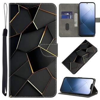 GLANDOTU Funda de teléfono de estilo cartera de piel sintética con ranuras para tarjetas y soporte, con bordes con patrón negro y dorado, adecuada para Galaxy, Apple, Redmi