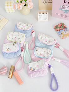1 Piece Cute Embroidered Love-Shaped Pattern Card Bag Cute Strip Print Bluetooth Headphone Storage Bag Mini Makeup Hanging Bag Pink Floral Pattern Makeup Pouch Colorful Wrist Band Coin Purse Flip-Up Design ID Card Organizer Bag Charger Bag Charger Case Waterproof Bag For Women For Men Electronic Organizer Travel Essentials