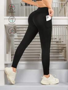 Women's High Waist Tummy Control Pocket Yoga Pants, Fitness Leggings, Skinny Tight Activewear, Outdoor Compression Pants - Black - View 3