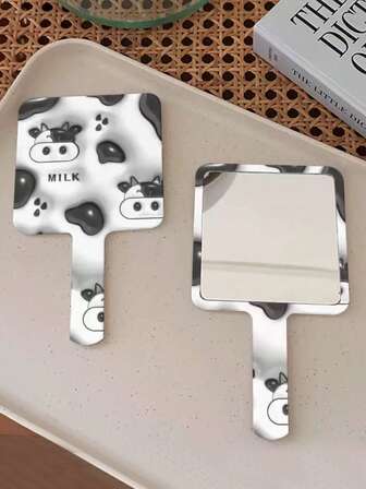 1 pieza Espejo de mano de plástico con diseño de vaca, espejo de tocador de escritorio lindo con diseño de vaca, espejo de maquillaje portátil