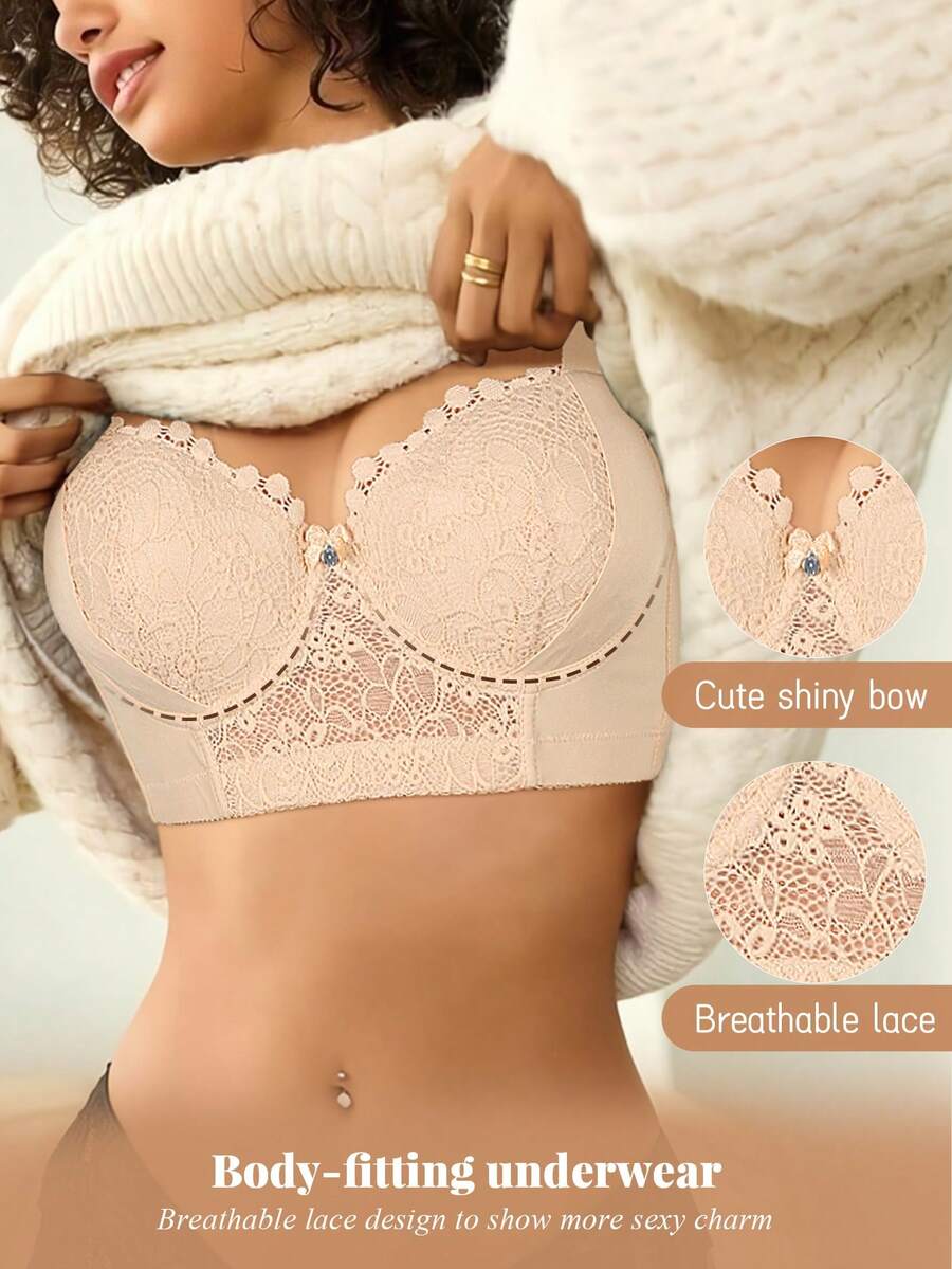 Hersunei Bộ đồ lót ren màu be gợi cảm Peach Girl, áo ngực nâng ngực cho nữ, áo ngực thoải mái giúp ngăn ngừa chảy xệ.
