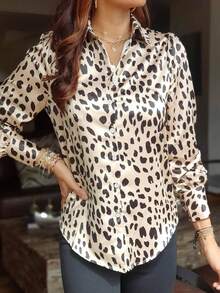 Camisa elegante de manga comprida com estampa de leopardo, nova, elegante e moderna - Multicolorido - Ver 2