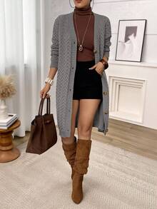 Plus Size Women's Solid Color Front Button Long Sleeve Minimalist Casual Long Knitted Cardigan, Winter