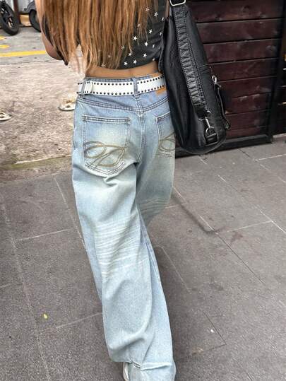 复古美式口袋刺绣宽松高腰喇叭牛仔裤，修身阔腿长裤，女士春夏款