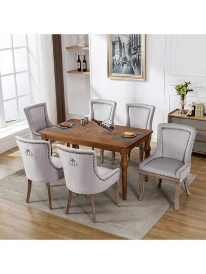 Luxurious Dining Stoel (Kitchen Chair, Living Room Pieces), Upholstered Nailhead Solid Wood Legs, Fluwelen Upholstery, Grijs view 6