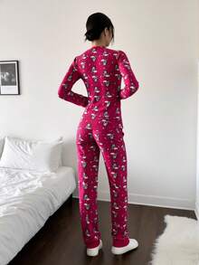 Conjunto de pijama feminino plus size, tecido grosso, bordado e estampado de coelho na cor vermelha - Vermelho - Ver 2