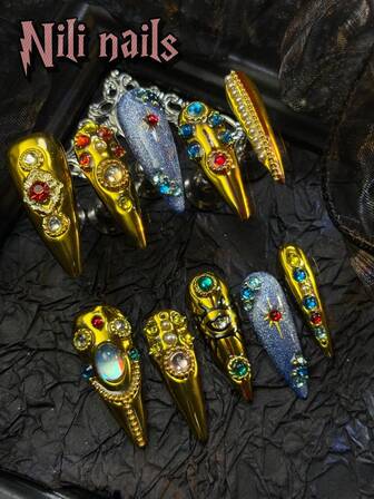 10pcs Long Stiletto Handmade WearableNails Press On Nails,Y2K Retro Style, Fit ForSpring & Summer, Gold, Blue Cat Eyes, Asymmetrical Metallic Liquid Pattern, Hand Drawn Eyes, BeadDecor Paired With Rhinestone Design Purely Handcrafted, Suitable ForWomen & Girls, Party,Daily Wear, With 4 Size OptionsComes With Tool Kit, Great Gift ForLadies & Girls Press On Nails NailSupplies Nails