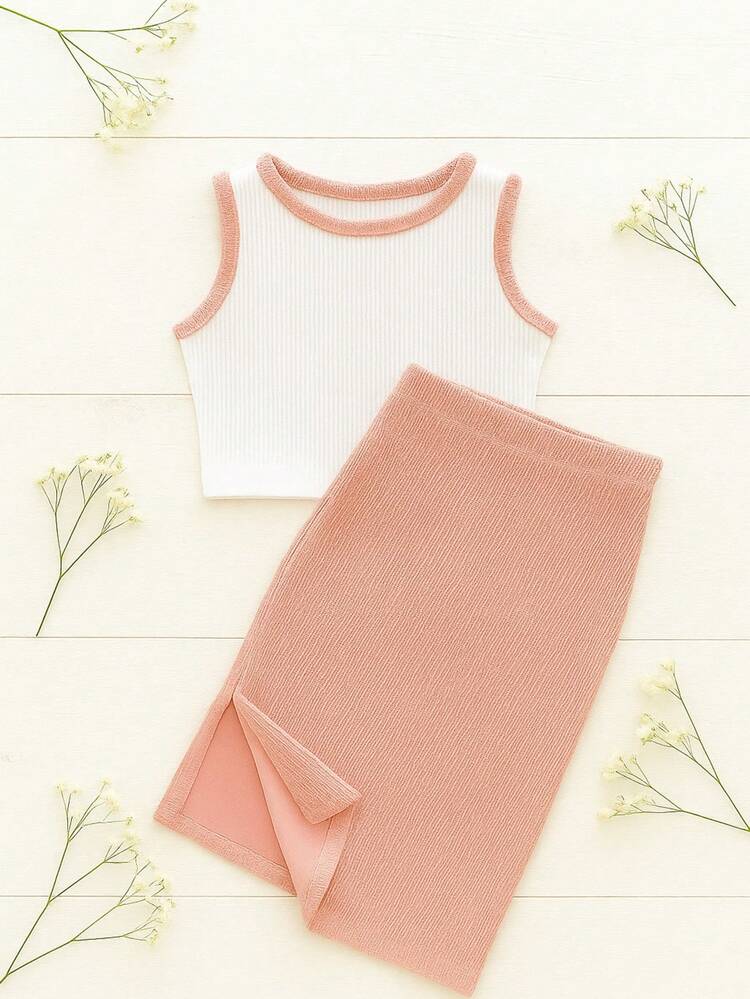 Children's And Teen Outfit For Girls And Young Teenagers. 2-Piece Set: Cropped Tank Top And Midi Skirt. Spring/Summer Fashion CJI003 - 乾枯玫瑰色 - 查看 1