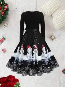 Christmas Vintage Christmas Tree, Reindeer, Snowman Print High Waist Patchwork Long Sleeve A-Line Dress With Ribbon - Black - View 2