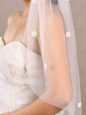 1 st. kort brudslöja i ett lager med liten blomma och pärldekoration, söt och enkel födelsedagspresent för kvinnor, accessoarer till bröllopsklänningar