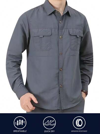 1 Camisa deportiva suave para hombre para pesca al aire libre, diseño casual con solapa, estampado de dibujos animados, con múltiples bolsillos, adecuada para actividades al aire libre, estilo cómodo y ajustado