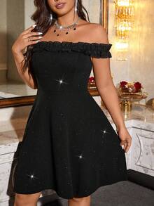 Voworia Plus Size Ruffle Off-Shoulder Cinched Waist Elegant Dress - Black - View 8
