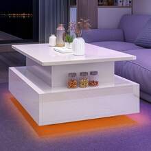 Lift Top Coffee Table, High Glossy With LED Strip, Modern Wooden Rectangle Tea Table With 2 Drawers, White -By GeoTower - White - View 8