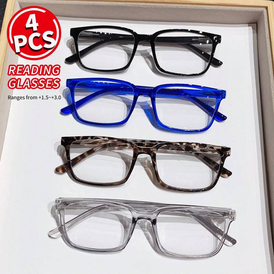 4 Pairs Of Reading Glasses, Men's And Women's Universal Fashionable Reading Glasses, With A Degree Of+1.5~+3.0, Multi-Color/Leopard Print/Classic Versatile/Square Glasses, Can Adapt To Different Levels Of Reading, Help Clear Reading, And Provide Convenience For Daily Reading, Reading Small Characters And Other Scenes. - Nhiều màu - Xem 1