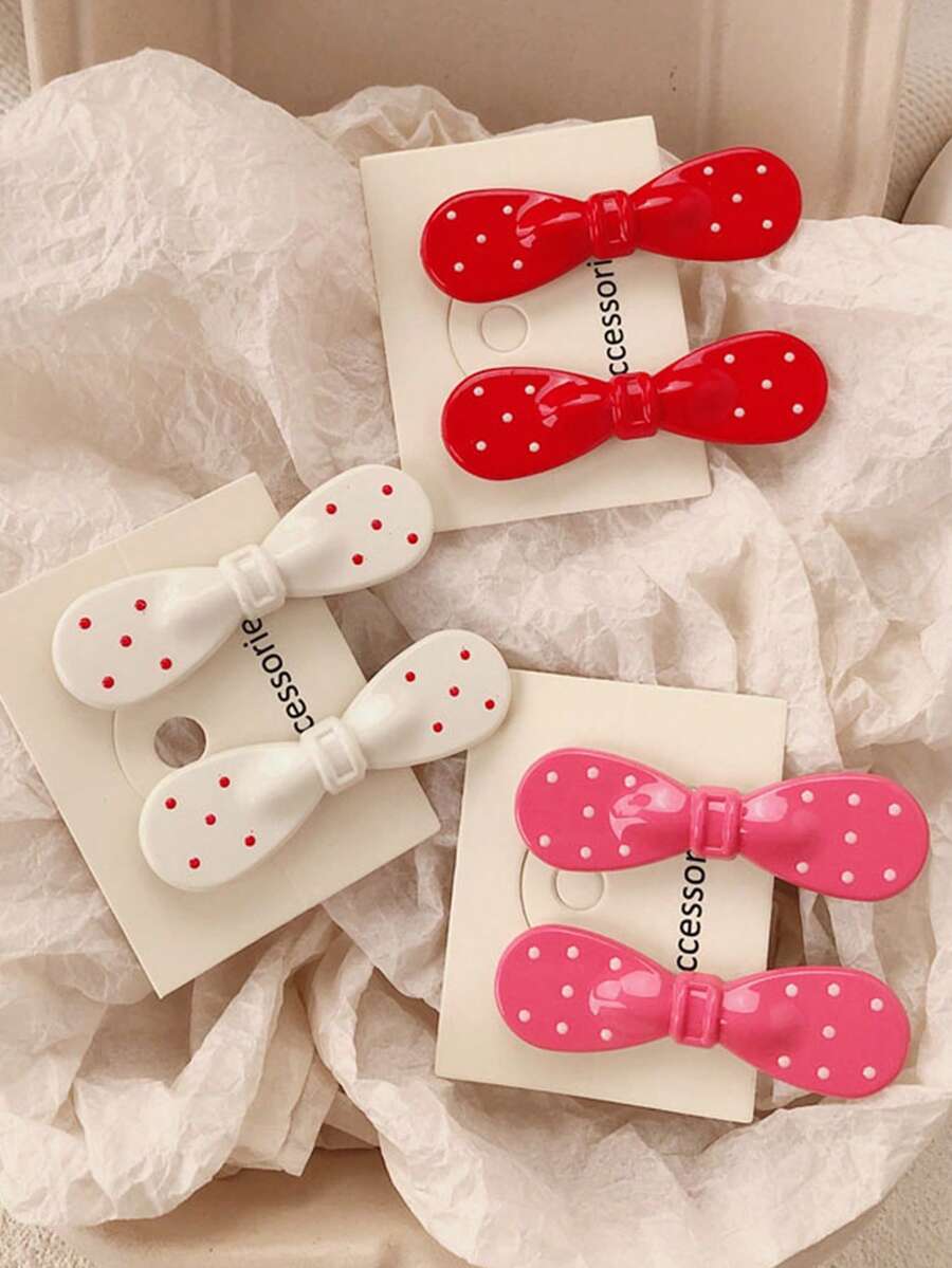 6pcs Cute Polka Dot Bow Hair Clips, White/Red/Pink Polka Dot Bow Hair Clips, Unique Fun Hair Clips, Versatile Bangs & Side Clip, Suitable For Parties, Daily Wear, And Theme Events, Holiday Gift Hair Accessories, Claw Clips, Hair Slide, Hair Barrettes - Multicolor - View 1