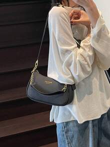 新款时尚优雅纯色PU腋下包，配金属链条手柄，女士单肩包 - 黑色 - 查看 6