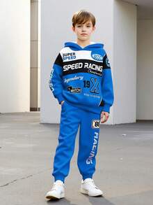 2pcs/Set Boys' Letter Print Hooded Sweatshirt And Pants, Street Fashion Knit Long Sleeve Top And Trousers, Suitable For Spring, Autumn And Winter