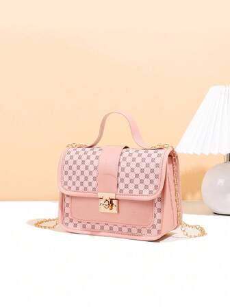 1pc Girl's Vintage Printed Plush Handbag, Cute Metal Chain Crossbody Bag, Casual Dating Mobile Bag, Ideal Choice For Gifts
