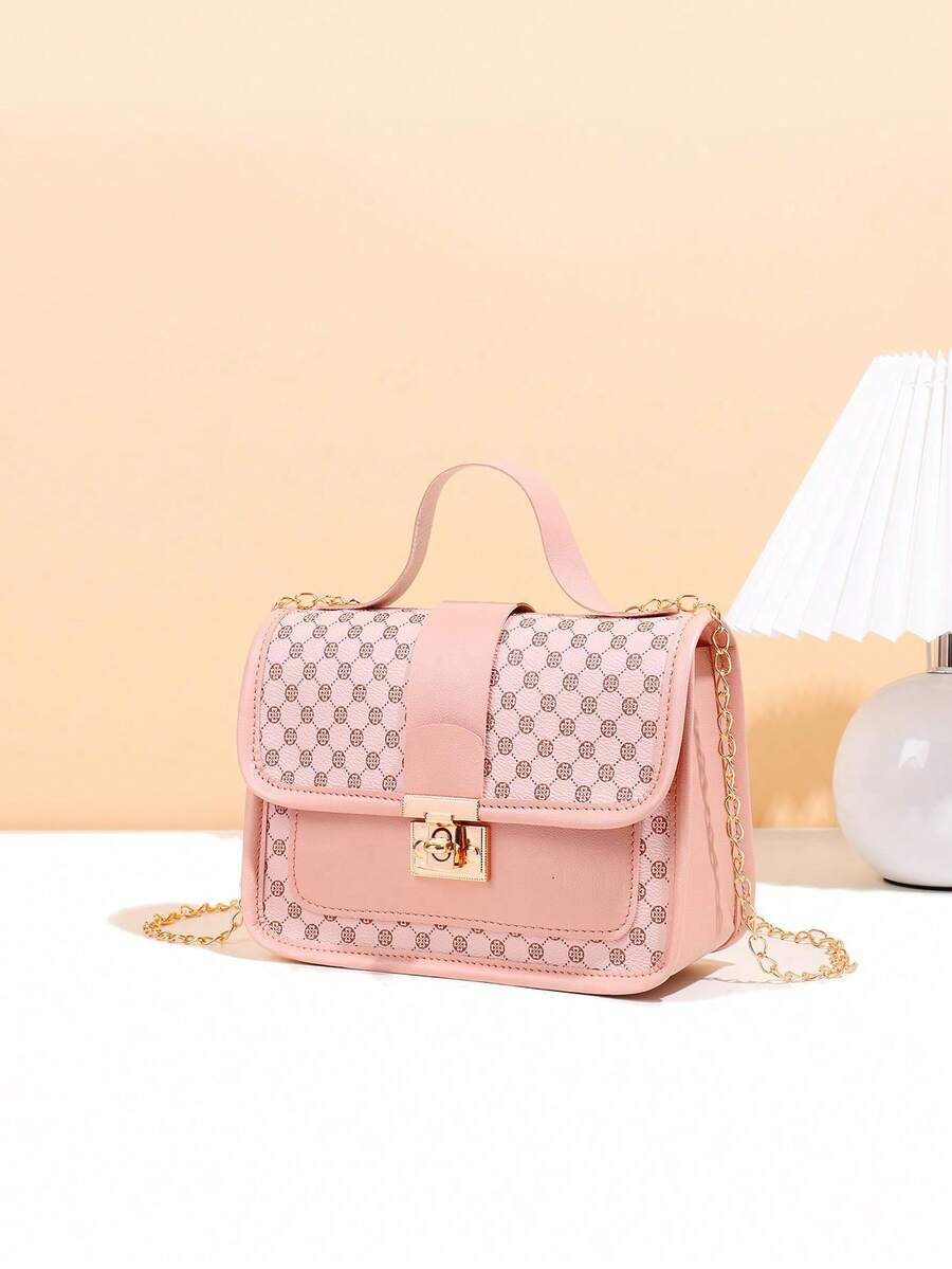 1pc Girls' Vintage Print Handbag, Cute Metal Chain Crossbody Bag, Casual Date Phone Pouch, Ideal Gift - Pink - View 1