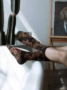 1 Pair Men's Coffee Bean Patterned Dress Socks, Fashionable Mid-Calf Socks, Autumn/Winter