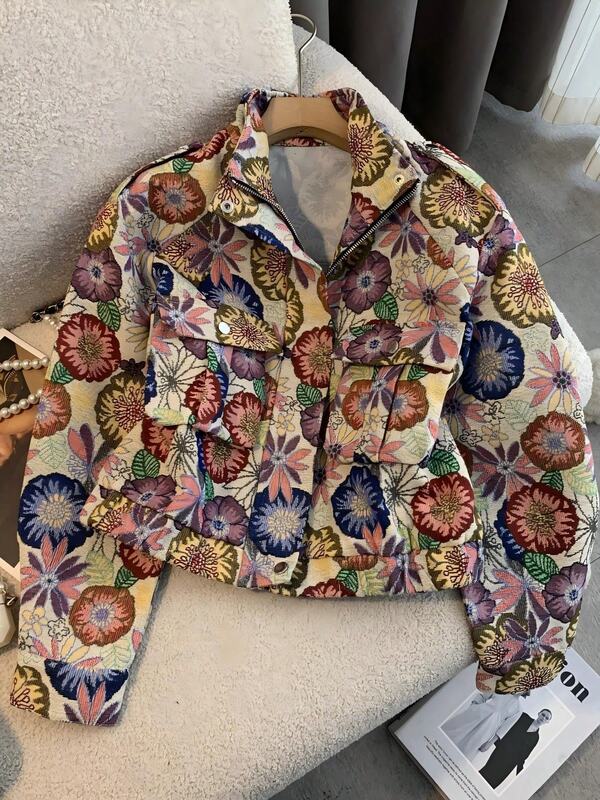 New Autumn And Winter Season Women's Full Body Printed Leaf Pattern Flower Print Zipper Pocket Metal Button Holiday Fashion Women's Jacket Jacket Top, Christmas Clothing, Halloween Women's Clothing, New Year's Clothing, Suitable For Vacation, Daily Life, Tea Parties, Travel, Outdoor Wear, Etc