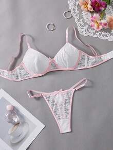 Lingerie Style Ladies' Romantic And Sexy Pink Bowknot Floral Sheer Lingerie Set - 白色 - 查看 1