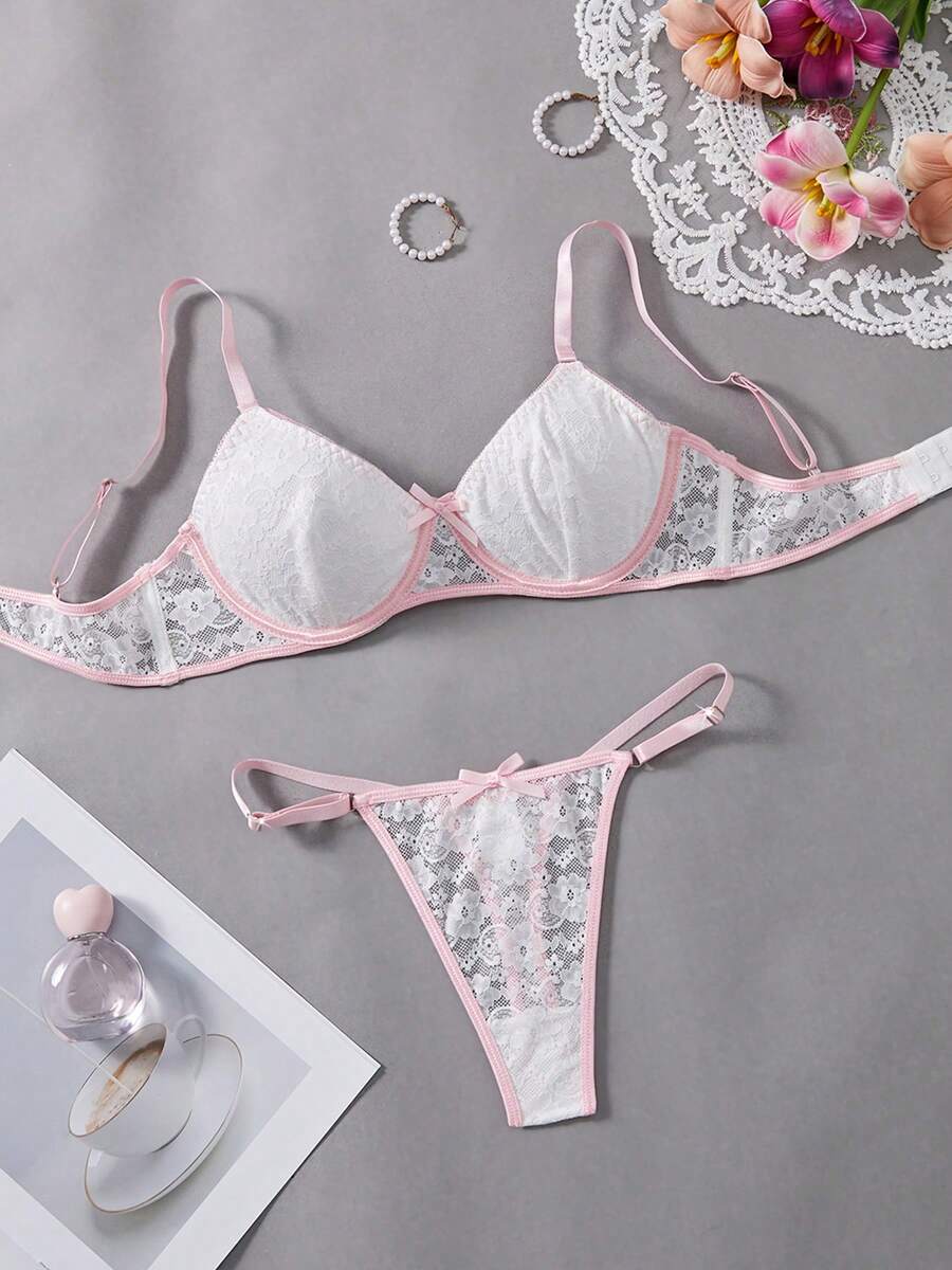 Lingerie Style Ladies' Romantic And Sexy Pink Bowknot Floral Sheer Lingerie Set - 白色 - 查看 1