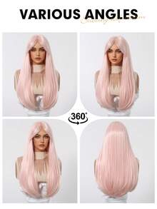 60 cm lång, rak, rosa, syntetisk peruk med lugg, lämplig för kvinnor, för fest, cosplay, värmebeständig