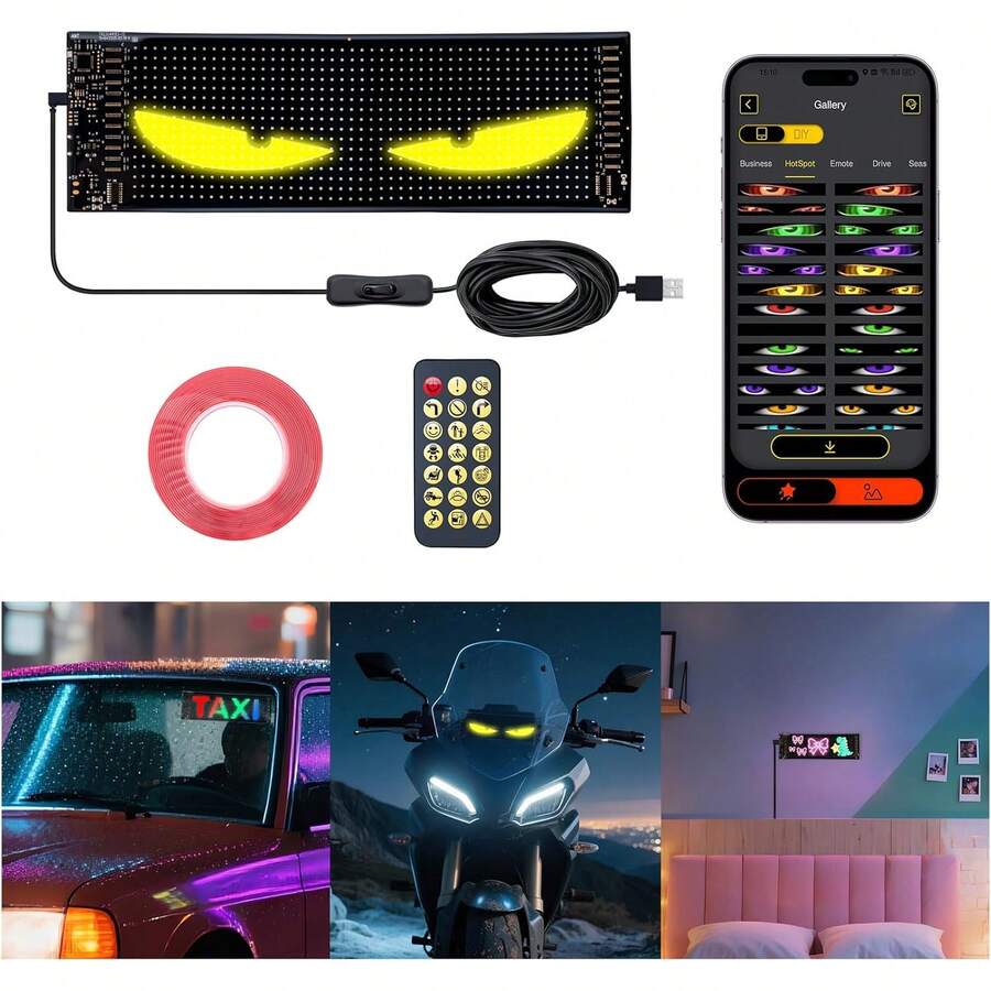 Ojos LED para parabrisas de coche - Tiras de luces Devil Eyes con patrones dinámicos, control remoto por aplicación, resistencia al agua IP68, alimentación por USB para coches, camiones, autocaravanas y motos - 7*17,3 cm (1 pieza) - Ver 1