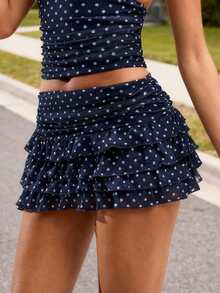 Women's Summer Mini Skirt Casual Stylish Dot Print Layered Ruffled Mid Rise Short Skirt - Blue - View 5