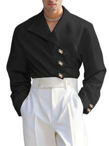 INCERUN Fashion Mens V-Neck Buttons Long Sleeve Pleated Party Casual Loose Blouse Office Work Solid Shirt Tops - 黑色 - 查看 3