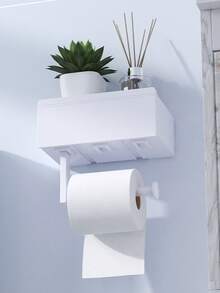 1pc No Drill Wall-Mounted Toilet Paper Holder With Shelf & Wet Wipe Storage Box - Heavy-Duty Plastic, White Bathroom Shelf, Space-Saving Adhesive Backing (No Screws/Holes) For Toilet Paper, Wipes, Phone Holder, Wipes -