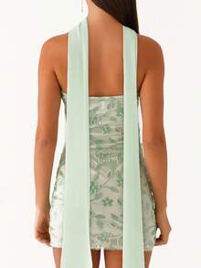 Women Summer Mini Bandeau Dress Sleeveless Off Shoulder Flower Embroidery Tube Top Dress With Scarf - Green - View 2