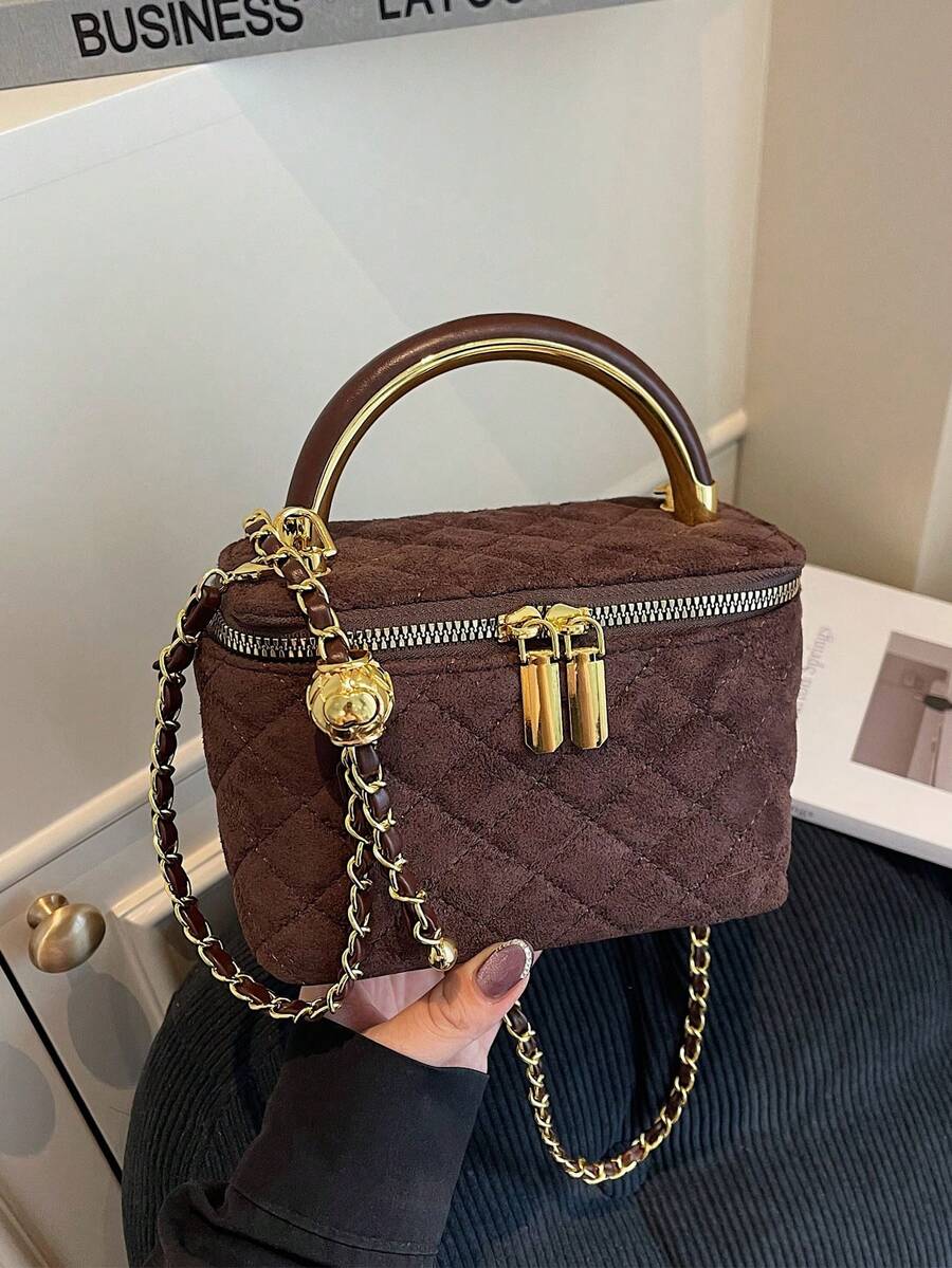 新款秋冬时尚咖啡色经典小丑纯色方形盒包，绗缝方形包，手提包，拉链单肩包，金属扣装饰单肩包，适合旅行、购物、聚会和约会。 - 咖啡 - 查看 1