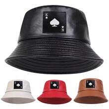 1顶男士PU皮革黑桃印花渔夫帽，时尚休闲帽，适合春季、秋季郊游、旅行、海滩、派对等场合。 - 彩色 - 查看 9